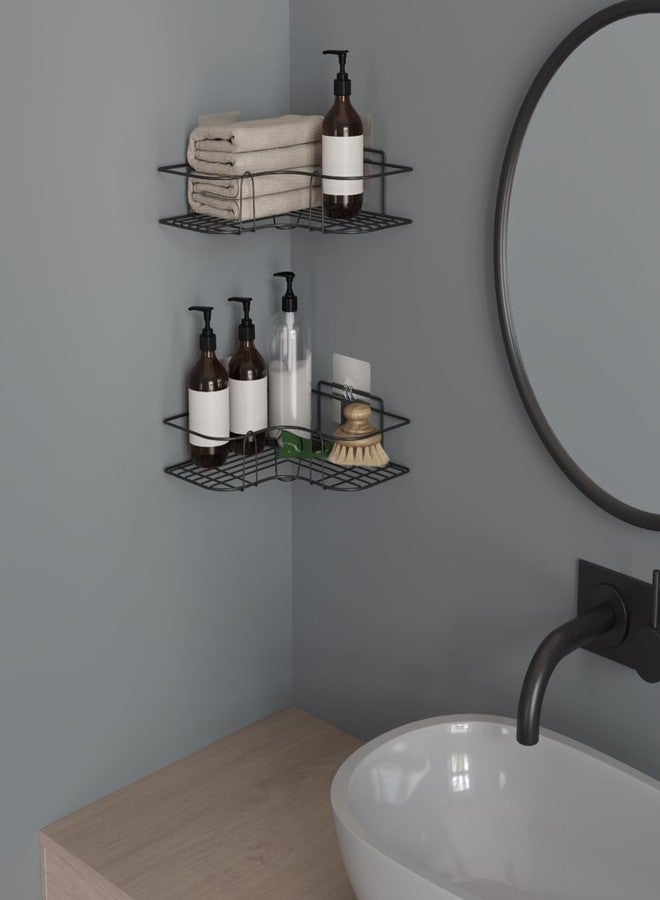 روكسا رف زاوية الحمام/رف المطبخ وحامل ROXA ذاتي اللصق مثبت على الحائط - ملحقات الحمام (المادة: معدن مجلفن، طلاء مسحوقي، أسود) (عبوة من قطعتين على شكل حرف L) - Image 2